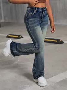 Teen Girls' Fashion Vintage Washed Solid Color Flare High Waisted Jeans, Versatile Stylish Comfortable Denim Jeans for All Seasons