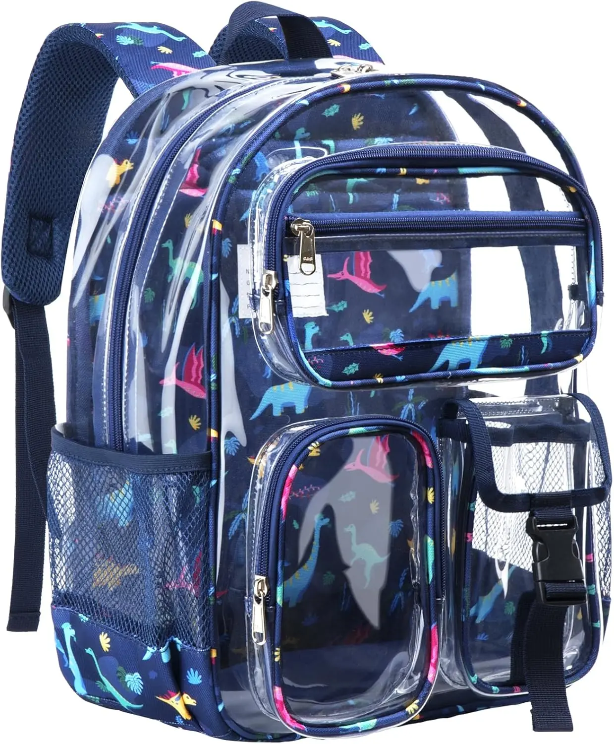 Clear Backpack for Boys, Cute Transparent School Bookbag, Blue | 15 Inch, Heavy Duty See Through Backpacks, with Reflective Strip, Comfortable Wearing, Dinosaur Kids Clear Bag for Ages 4-8