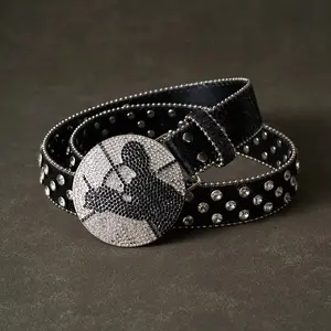 Elegant Rhinestone-Embellished Denim Belt with Vintage Knight Buckle - Sparkling Blue, Green, Red, and Black Straps for Country Style, Faux Leather Material, Alloy Buckle, Round Button Design, Faux Leather Belt | Rhinestone Embellished Belt | Sparkling Em