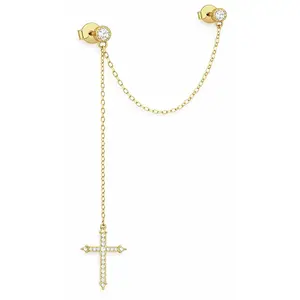 CZ Diamond Cross Chain Stud Earring in Gold