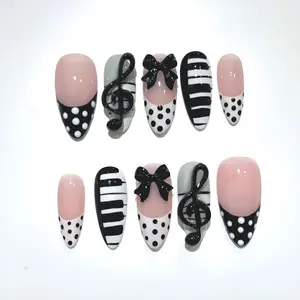Musical Piano Press On Nails: 3D Bows, Polka Dot Coquette Nail Art