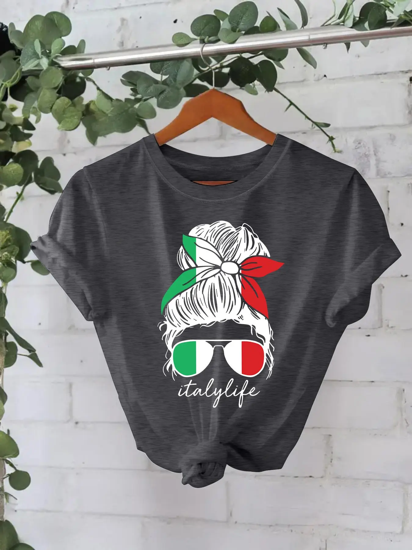 Women's Italy Flag Print Round Neck Fitted Tee, Casual Fashion Short Sleeve T-shirt for Daily Wear, Ladies Summer Clothes, Top, Casual Fashionable Top