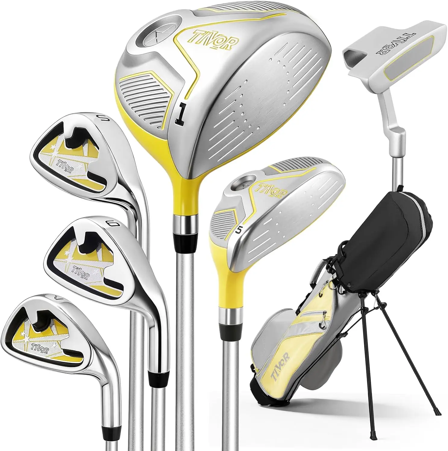 Kids Golf Clubs Set for Ages 9-12,Right Left Handed Youth Golf Clubs 9 Piece Set with 400cc Driver, Hybrid, 7 Iron, 9 Iron, Wedge, Putter, Stand Bag & 2 Headcovers,Junior Golf Clubs,Blue Yellow