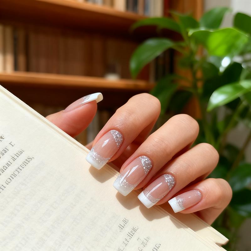 Square Press on Nails Medium French Tips Fake Nails Silver Glitter Acrylic Nails Press ons White Ombre Glue on Nail Shiny Stick on Nail Nude False Nails for Women Girls Nails Decoration 24Pcs