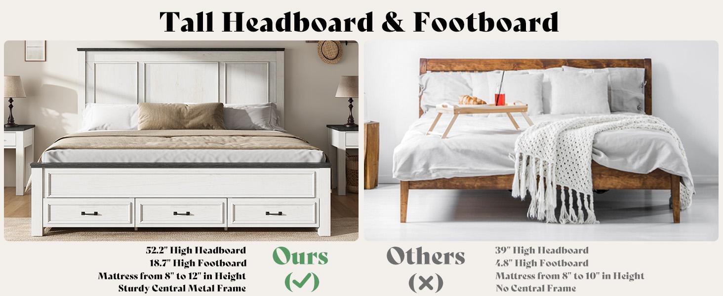 [Spring Sale] AMERLIFE Farmhouse Bed Frame with 52.2" Tall -Panel Headboard & Footboard, Wood Platform Bed Frame with 3 Large Storage Drawers, No Box Spring Needed, Unique Bedroom Furniture