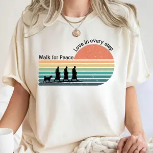 Walk for Peace s Tee - Pigment-Dyed Vintage Shirt with Love in Every Step, Monks and Dog Design, Spiritual Yoga Gift, Personalized Meditation Unisex Tee, Soft Cotton Relaxed Fit, Faded Oversized Heavyweight for Everyday Casual Wear