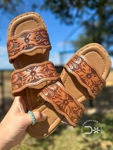 Santa Fe Daisy Sandals - Natural Hand-Tooled Leather Slides with Floral Embossing & Western Scrollwork Comfortable Summer Footwear