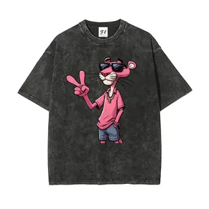 Cartoon Graphic Washed Casual T-Shirt For Women, Pink Panther Print Round Neck Polyester Blend Knit Top, Stylish Sporty Washed Windbreaker, All Season Wear, Golf Gift Washed T-Shirt For Men And Women