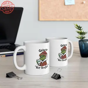 Grinchy but Boujee Christmas Cup, Trendy Bougie Holiday Mug, Funny Christmas Gifts for Her, Leopard Print Grinchmas, Women Xmas Coffee Cup