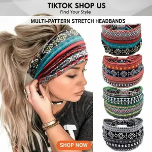 4Pcs Wide Boho Headbands Elastic Sweat Wicking Breathable Lightweight Non Slip Yoga Fitness Sports Hair Bands Vintage Print Women Headwrap