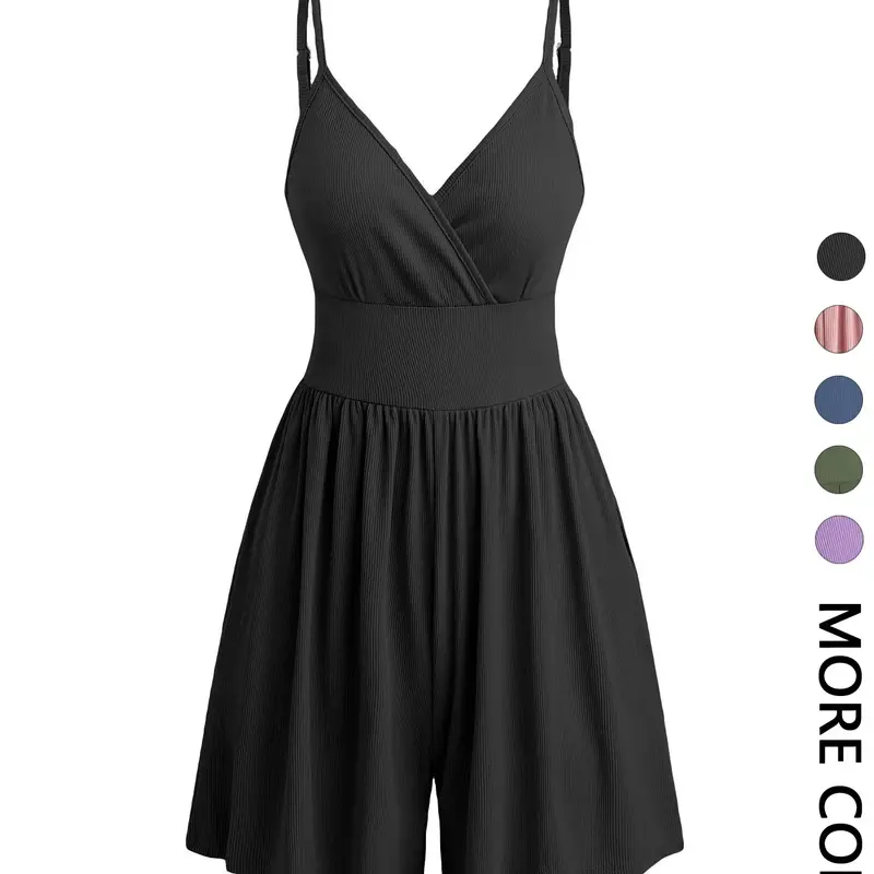 Women's Plain Backless Wrap Cami Romper, Casual Adjustable Spaghetti Strap Sleeveless Wide Leg Romper, Summer Outfits 2026 Ladies Clothes for Daily Wear, Sleeveless Knit Romper