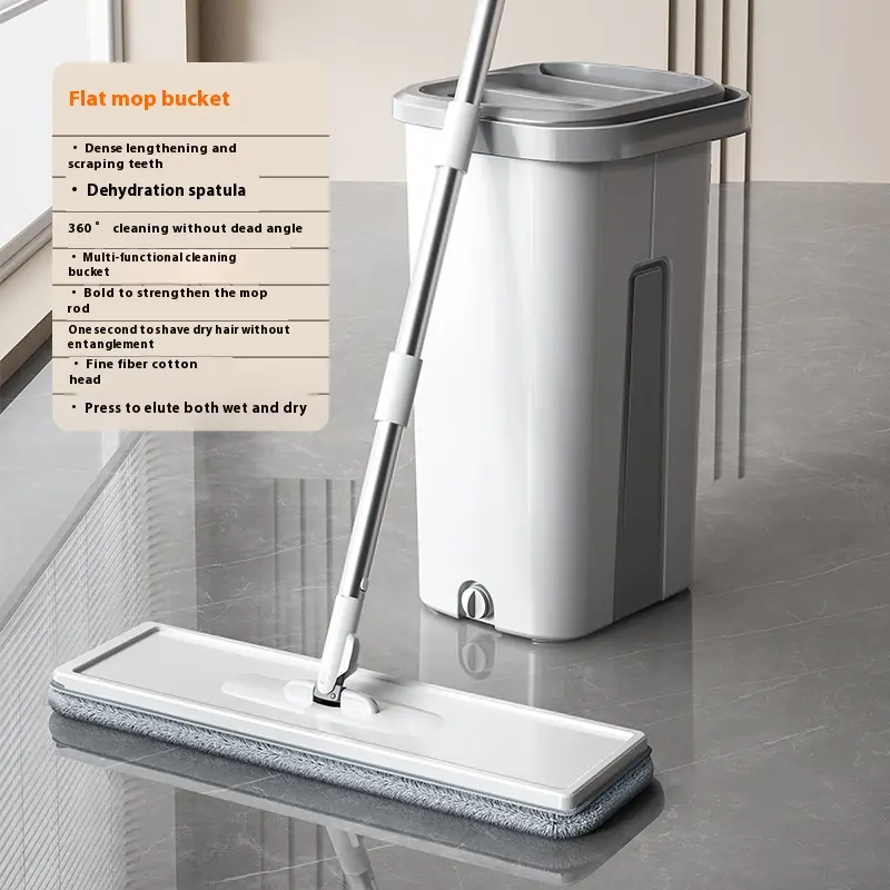 Household Self-Cleaning Dry-Wet Mop Set - Hands-Free Multifunctional Cleaner with Wringer Dryer, No Extra Tools Needed, 3 Water-Absorbent Thin Microfiber Washable Mop Heads, Flexible Swivel Design for Household Cleaning