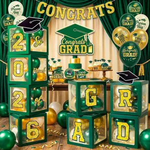Graduation Decorations Class of 2026 Green and  Balloon Boxes and Arch Garland Kit for High School & College, Congrats Grad Table Decorations with 4 String Lights and GRAD So Proud of You Letters