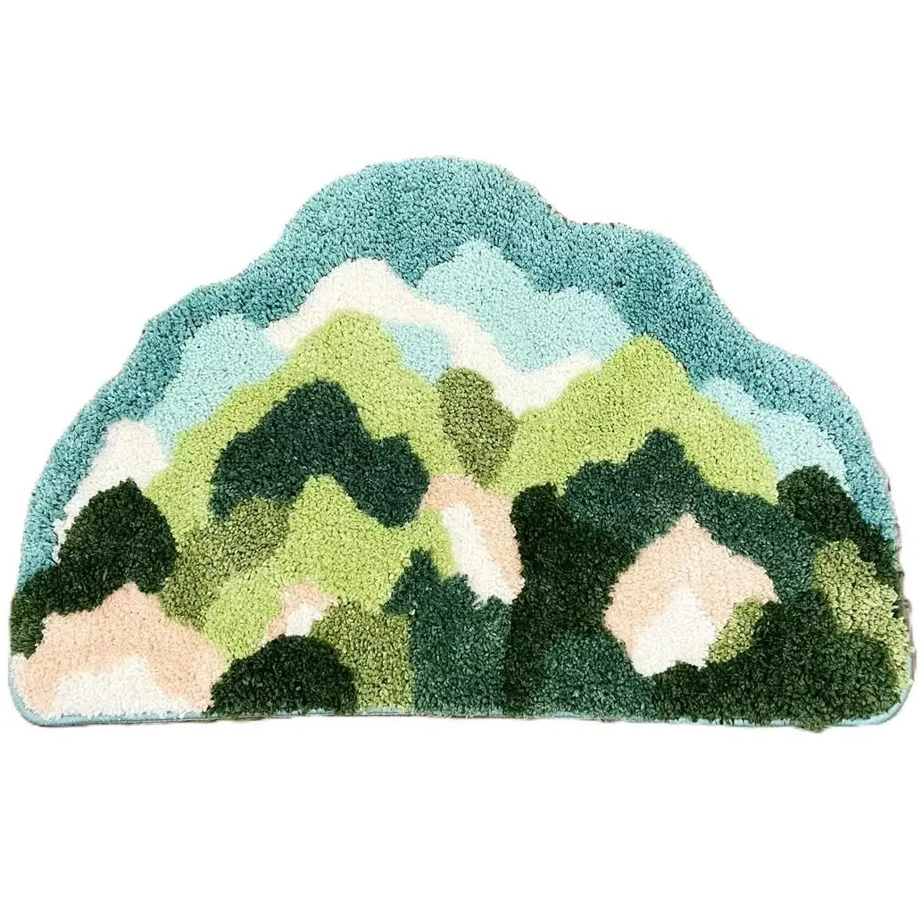 Cloud Shaped Mountain Landscape Tufted Rug, Soft Fluffy Green Nature Scenery Plush Doormat, Absorbent Non-Slip Irregular Area Mat, Aesthetic Forest Hill Floor Carpet, Minimalist Natural Home Decor for Bedroom Bathroom Entryway