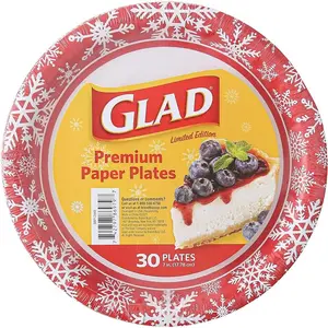 30 Count Everyday Disposable Paper Plates with Holiday Red Snowflake Round Colorful