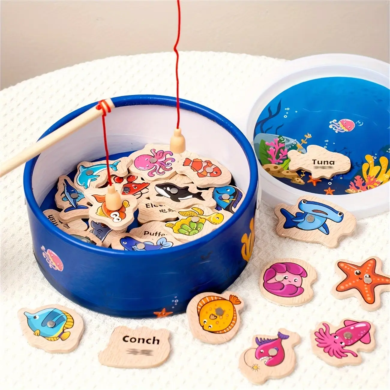 Ocean Theme Wooden Fishing Game Set with Game Pieces & Fish Shapes, Parent-Child Interactive Educational Toy for Focus & Coordination, Holiday Gift