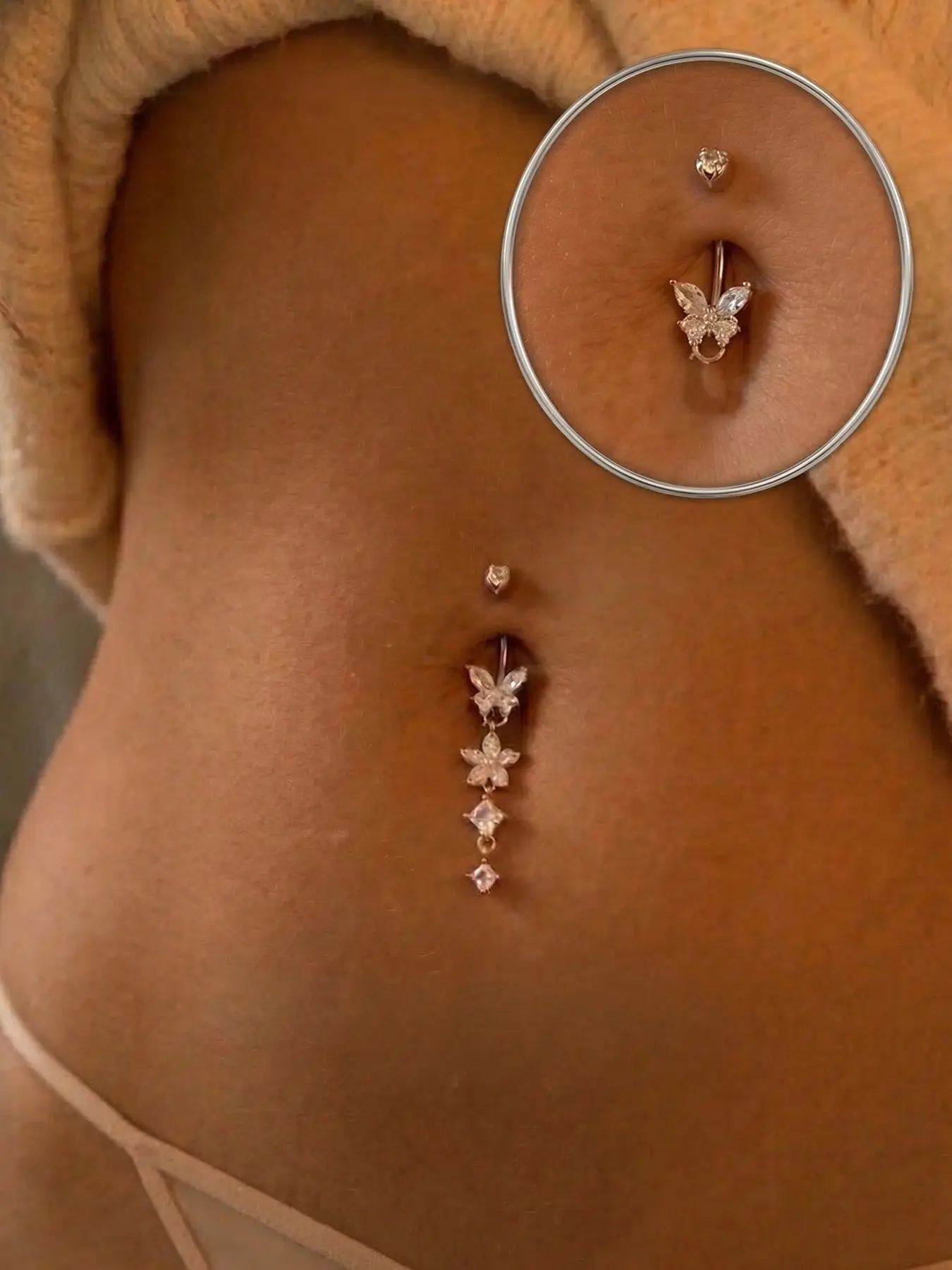 Rhinestone Pendant Belly Button Ring, Navel Ring, Butterfly-Style Hypoallergenic Stainless Steel, 14g Party Style, All Seasons Durable Body Piercing Jewelry, Body Jewellery