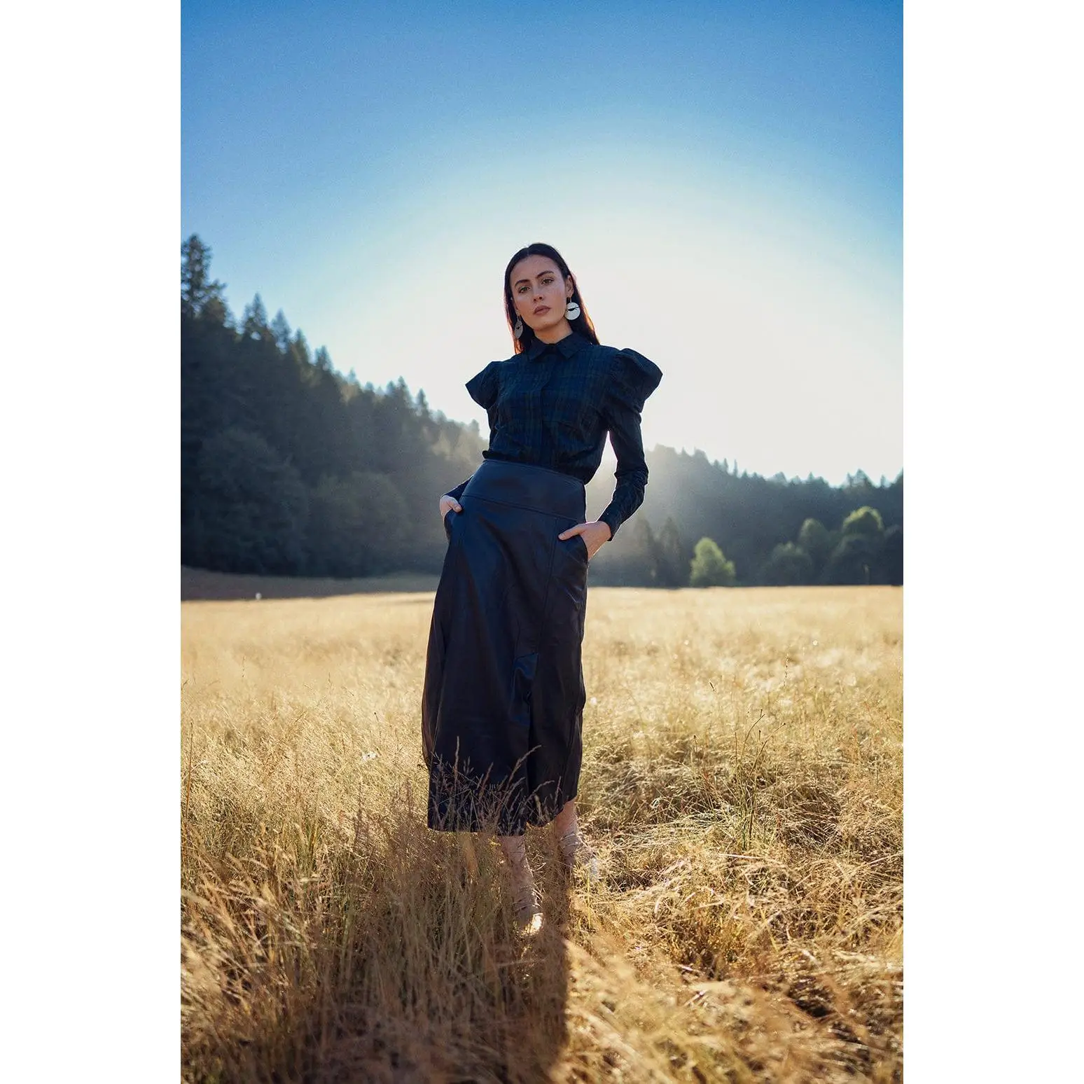 Leather Inverted Pleat Skirt-Navy