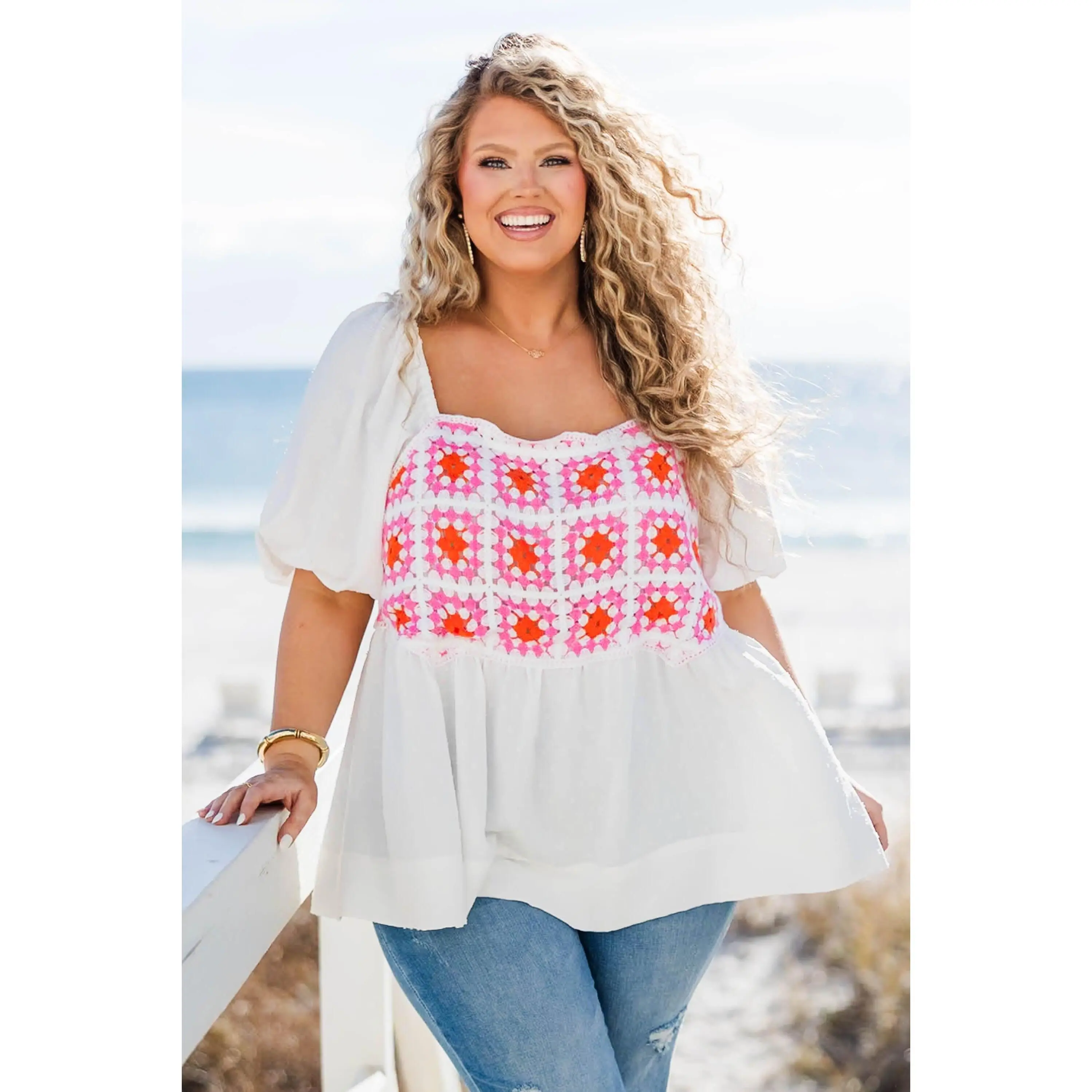 Chic Soul Women's White Feminine Cotton Floral Crochet-Sleeve Babydoll Blouse - Stylish 1-Piece Women's Shirt with Distinctive Style for Ladies