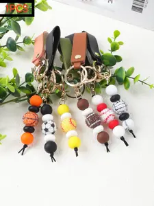 Cute Sports Style Keychain Wristlet, PU Leather Ball Beaded Keyring, Mini Basketball Football Baseball Charm, Perfect Gift for Women Girls, Keychain for Bags, Keychain Wristlet Strap