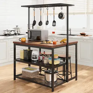 Farmhouse Kitchen Island with Storage Shelfs, Bakers Rack, 3 Tier Microwave Stand Shelf with 5 Hooks, Large Coffee Bar Table for Kitchen Dining Room
