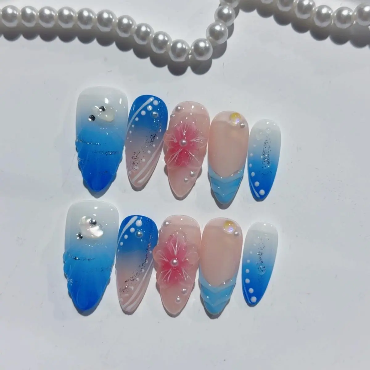 d433 Tropical Seashell Press-On Nails - 10-Piece Handcrafted Pure Gel Tips, Easy Apply, Party Wear, Salon Quality, Reusable, Long-Lasting, Coraline Style for Beach Vacays & Pool Parties