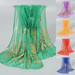 Gold Peacock Print Wrap Shawl Women Elegant Chiffon Georgette Scarf Fashion Long Shawl Hijab Summer Sun Protection Thin Muffler