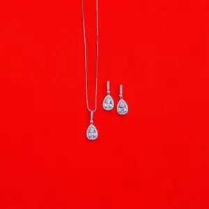 Dainty Wedding Necklace Earring Set, CZ Pear Bridal Jewelry Set, Drop Diamond Earring, Silver Bride Pendant Earring, Small CZ Earring, Bride