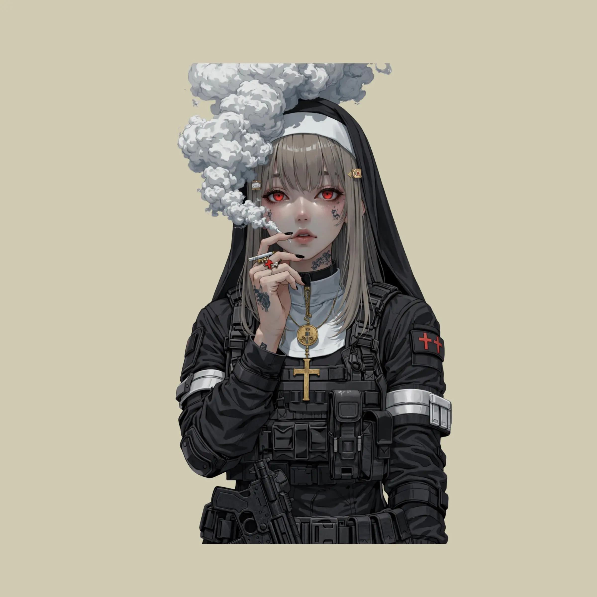 Smoking Tactical Nun Sticker, Dark Anime Girl with Red Eyes, Edgy Street Style Decal