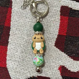 Green Beaded Turtle Keychain with Floral Bead and Silver Chain Charm for Bags and Keys