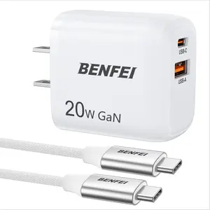 BENFEI USB C Charger, 20W GaN Wall Charger Compatible with iPhone 16/16 Pro/Pro Max/iPad Pro with 60W 3ft USB-C Cable