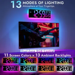 Large Digital Wall Clock with BT Sync, RGB Lights & 11 Scene Modes, Remote Control Big LED Clock, Dual Alarms, Auto DST, Temperature Humidity for Classroom, Gaming Room, Office, Living Room, Kitchen, Ideal for Seniors & Kids