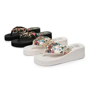 Women's Bohemian Satin Wedge Flip-Flops with 5cm Thick Sole, Ethnic Floral Strap Casual Platform Sandals, Non-Slip Comfortable Footwear for Summer Travel & Beach Outdoor Wear