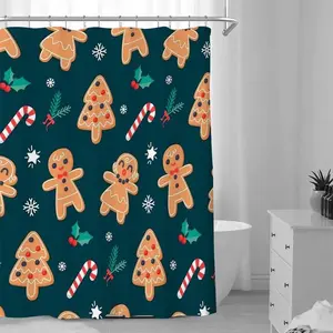 Gingerbread Man & Christmas Tree Pattern Shower Curtain, 1 Count Waterproof Bathroom Curtain, Home Decor for Bathroom Hotel Dormitory Salon