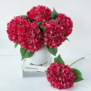 5 Pcs Red Silk Hydrangeas Artificial Flower Boho Dried Touch 20'' Faux Hydrangeas for Fall Home Decor Kitchen Living Room Porch Wreath Xmas Wedding Flower Arrangement