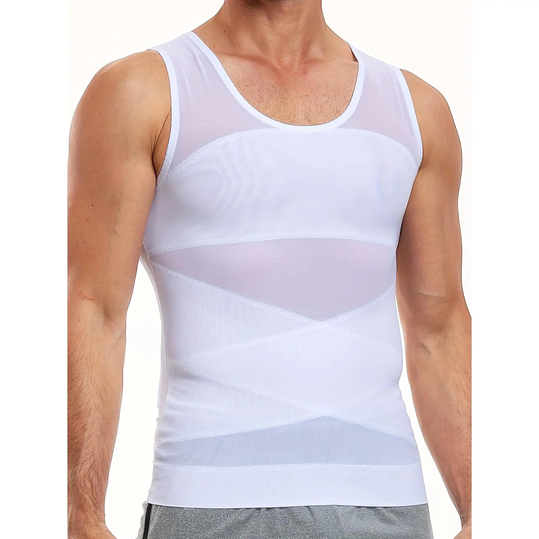 Men's Slimming Compression Shirt - Breathable Mesh Body Shaper Tank Top with Abdominal Support, Nylon-Spandex Blend, Round Neck, Semi-Sheer for All Seasons