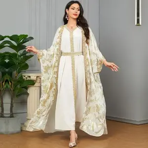 2025 Women's Two-Piece Set Cardigan Robe Long Dress Dubai Dress Embroidery Abaya Floral Abaya(Sheets)