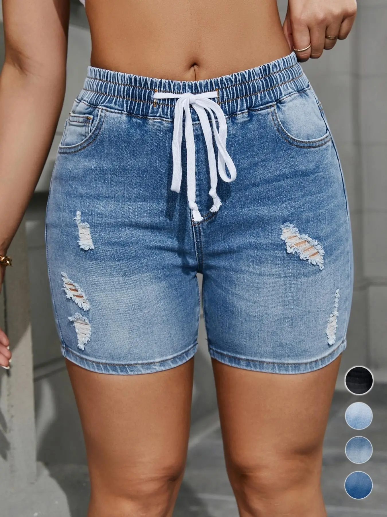 Women's Ripped Drawstring Waist Denim Shorts, High Waisted Stretchy Jean Shorts, Casual Fashion Pocket Jeans Shorts for Daily Wear, Summer Outfits 202