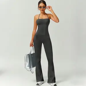 Women's Solid Color Flare Leg Sports Jumpsuit for Yoga Gym Workout Casual Comfy Breathable Summer Sportswear