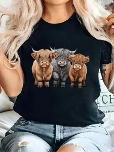 Plus Size, Casual Loose Women's T-Shirt Cute Highland Cow Pattern Daily Top Non-Transparent Fabric Suitable for Women and Spring Summer Essential Item Cow Print Shirt Spring Summer Clothing Fun Pattern Short Sleeve, Pure Material, Plus Size Wo