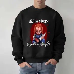 Chucky Wanna Play Pullover Halloween Chucky Sweatshirt, Horror Hoodie, Horror Movie Crewneck, Halloween Party Gift, Spooky Season Hoodie Unisex Essential Crew Neck T-Shirt - Comfort Stretch Fabric, Non-Shrink, For Daily Wear, Gym & Travel