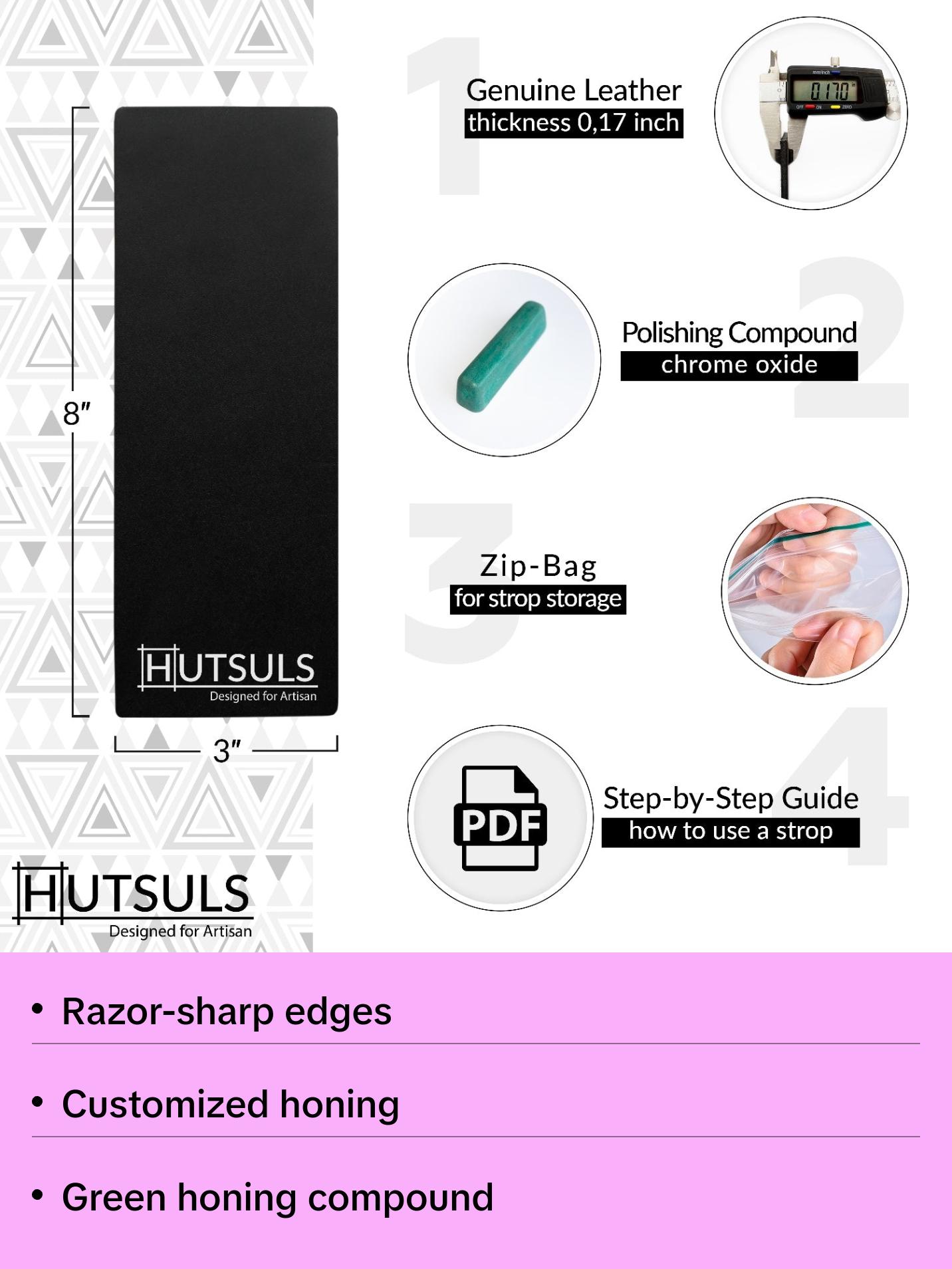 Hutsuls Black Leather Strop with Compound - Stropping Kit, Green Honing Compound & Vegetable Tanned Two Sided Leather Strop Knife Sharpener Hutsuls Black Leather Strop with Compound - Stropping Kit, Green Honing Compound & Vegetable Tanned Two Sided Leather Strop Knife Sharpener