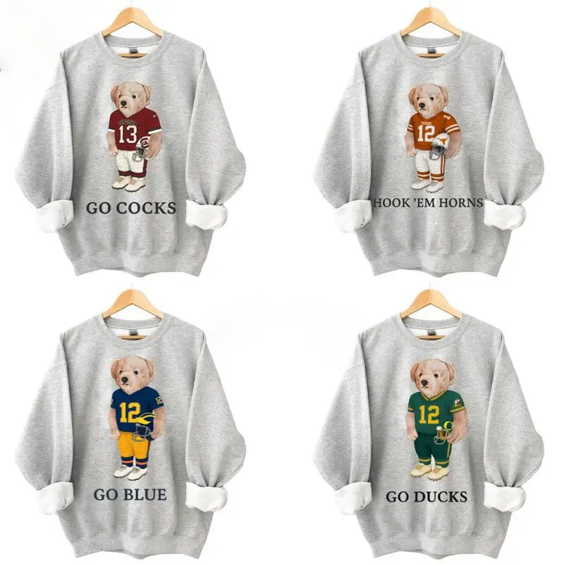 Vintage All Team College Football Teddy Bear Sweatshirt Ash Grey, Retro Varsity Crewneck for Men Women, Game Day Sports Fan Graphic Pullover, Unisex Apparel
