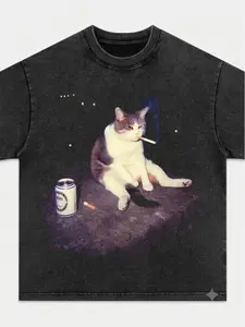 Oversized Emo Cat Graphic T-Shirt, Unisex Vintage Streetwear Top in Soft 100% Cotton with a Relaxed Fit and Round Neck