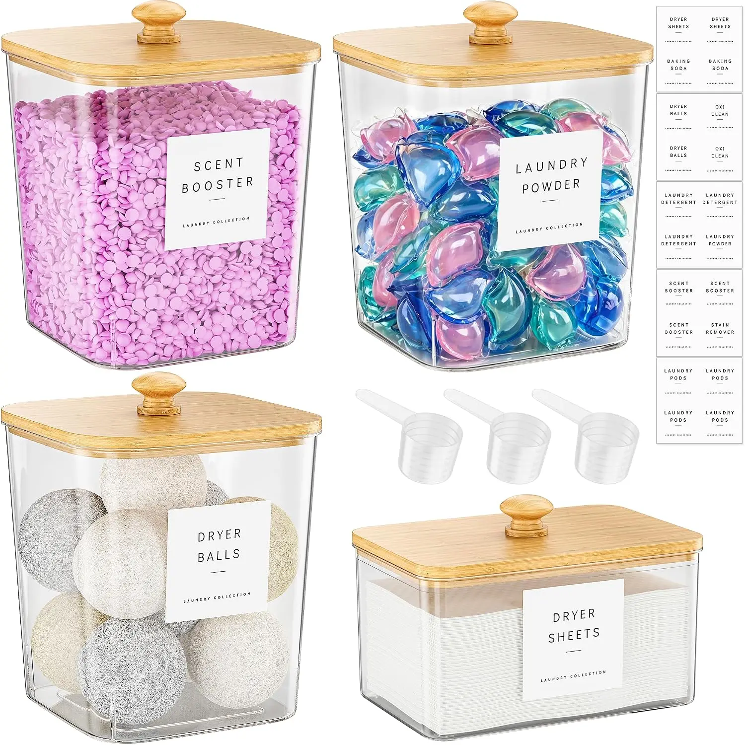 3+1 Set Waterproof Transparent Modern Round Wood Bamboo Laundry Pods Canister - 0.66 Gal Acrylic Lidded Holder with Labels, Large Storage Bottles for Detergent Powder, Scent Booster, Laundry Room Organizing Gift
