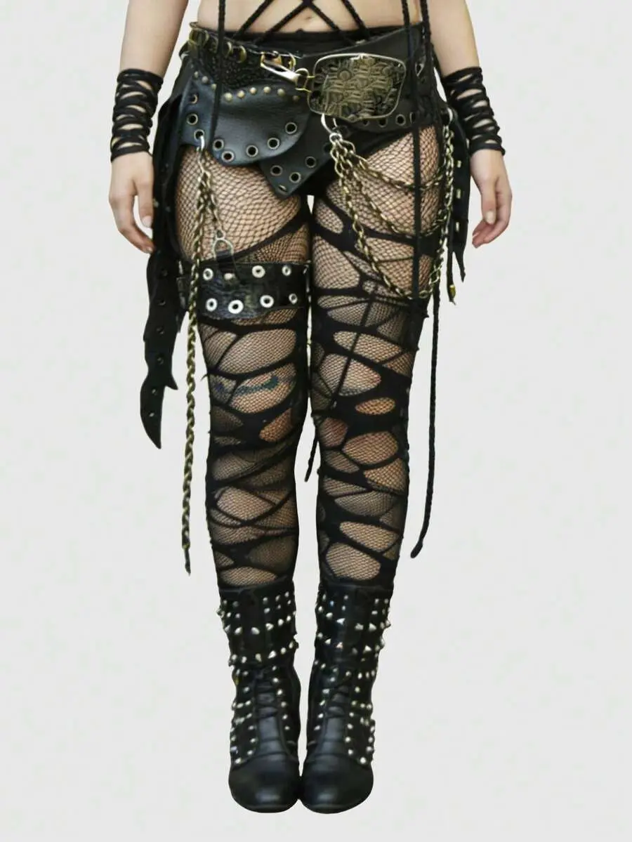 LUNA LAYER Womens Punk Mesh Fishnet Socks and Ripped Pantyhose Tights Set Black Breathable