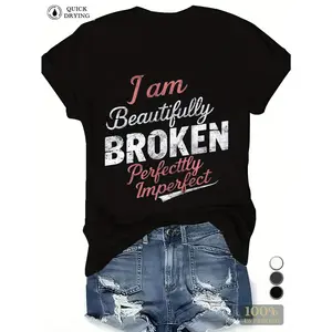 [100% Cotton]  Shirts Women Women'S "I Am Beautifully Broken, Perfectly Imperfect" Graphic Tee - Soft, Casual Style, Short Sleeves, Crew Neck, Machine Washable, Black With Pink And White Text, Allseason Apparel |         Crew N Golf Gift T-Shirt For Men A