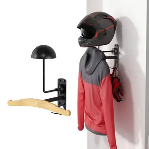 Wall-Mounted Motorcycle Helmet Storage Holder with Coat Rack 180-Degree Rotation Strong Load-bearing Easy Installation Metal Helmet Holder