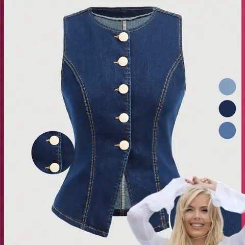 [Susan's Exclusive] Chic Slim-Fit Sleeveless Dark Wash Denim Jacket with Button Closure for Women, High Stretch Fabric, Casual All Seasons Wear, Unique Stylish Design, Vest, Fashion Vest Sleeveless