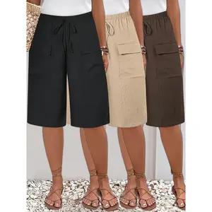 3pcs Plus Size Women's Shorts Set, Beach Pants, Vacation Style, Solid Color, with Pockets